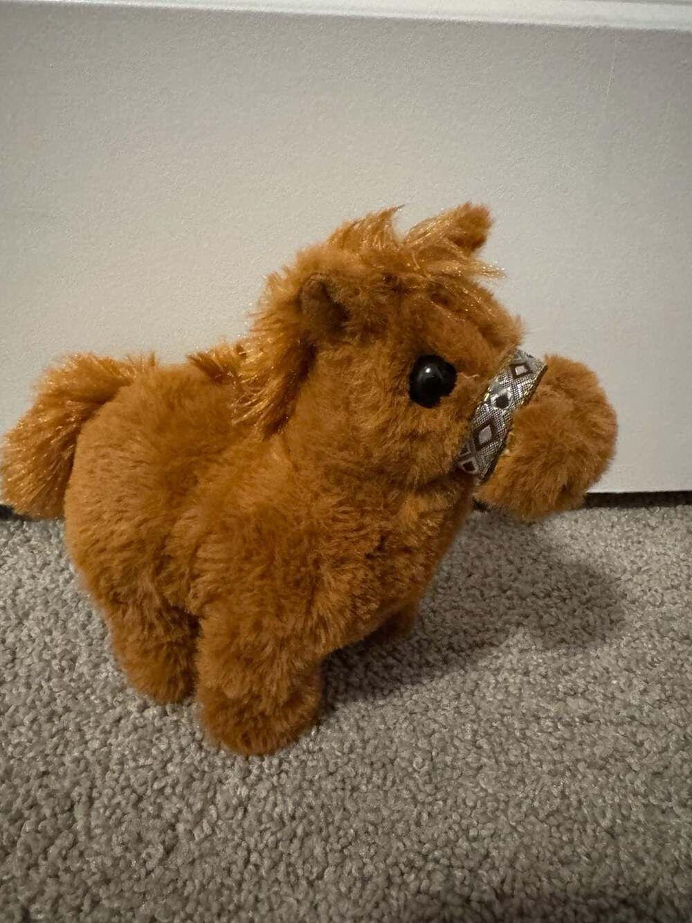 Small Interactive Walking Pony Plush Toy with Sound and Shaking Tail Brown